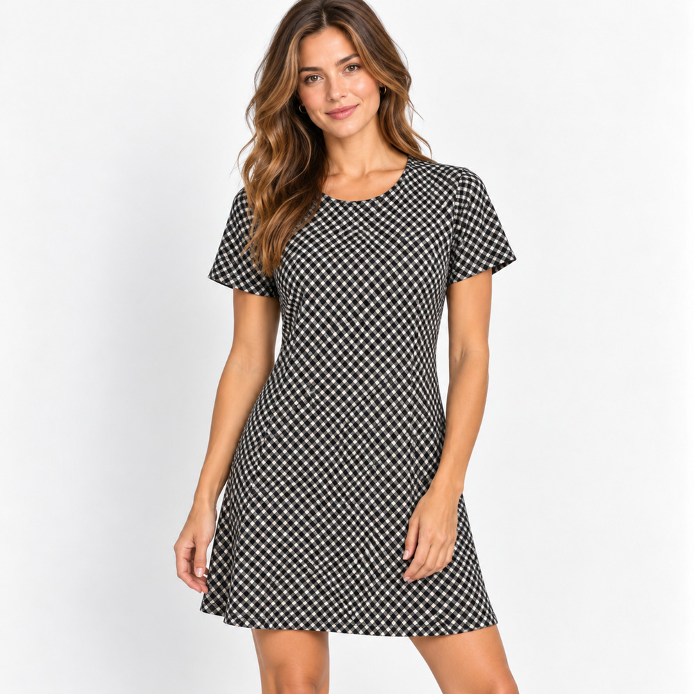 Spanx The Perfect A-Line Dress L Black White Plaid Short Sleeve Stretch